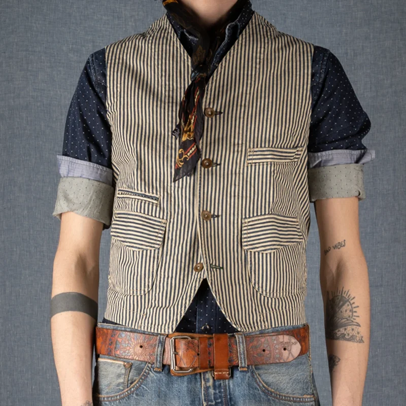 Vintage Stripe Adjustable Buckle Back Stonewashed Work Vest