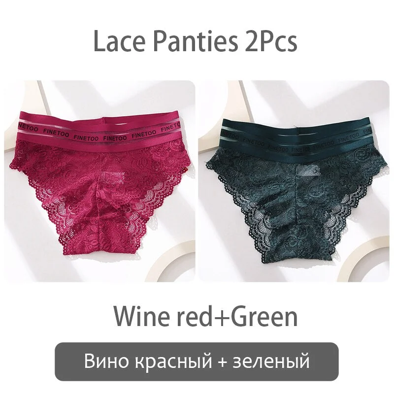 FINETOO 2Pcs Lace Panties Women Sexy Transparent Briefs Low Waist Floral Underwear Fashion Ladies Underpants L-2XL Girl Lingerie