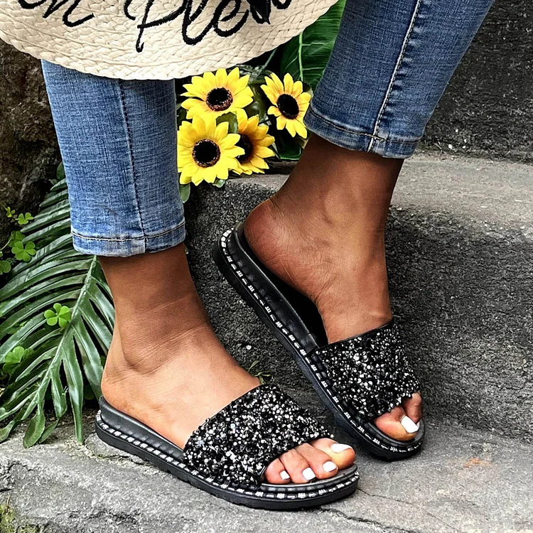 Women Slippers Ladies Fashion Sequins Flats Slippers Sandals For Outside Women Summer Beach Shoes Roman Sandals zapatos mujer QueenFunky