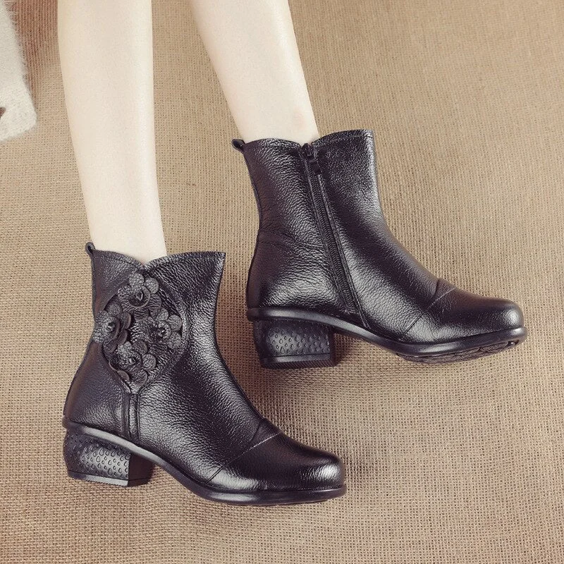 Genuine Leather Flower  Women's Boots Autumn Winter Boots