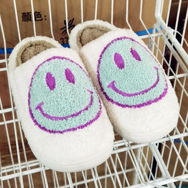 Smiley Face Women Winter Home Fur Slippers Indoor Footwear Cozy Cute Cartoon Pattern Slip on Plush Slides House Ladies Shoes