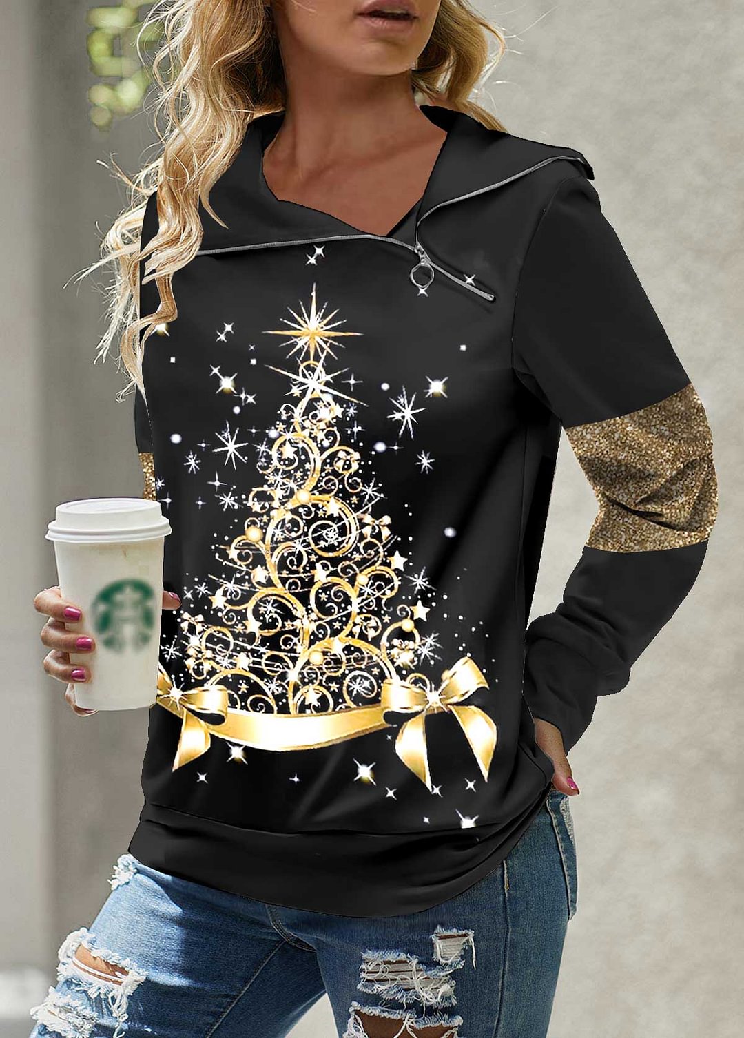 Gold Christmas Tree Printed Women's Sweatshirt