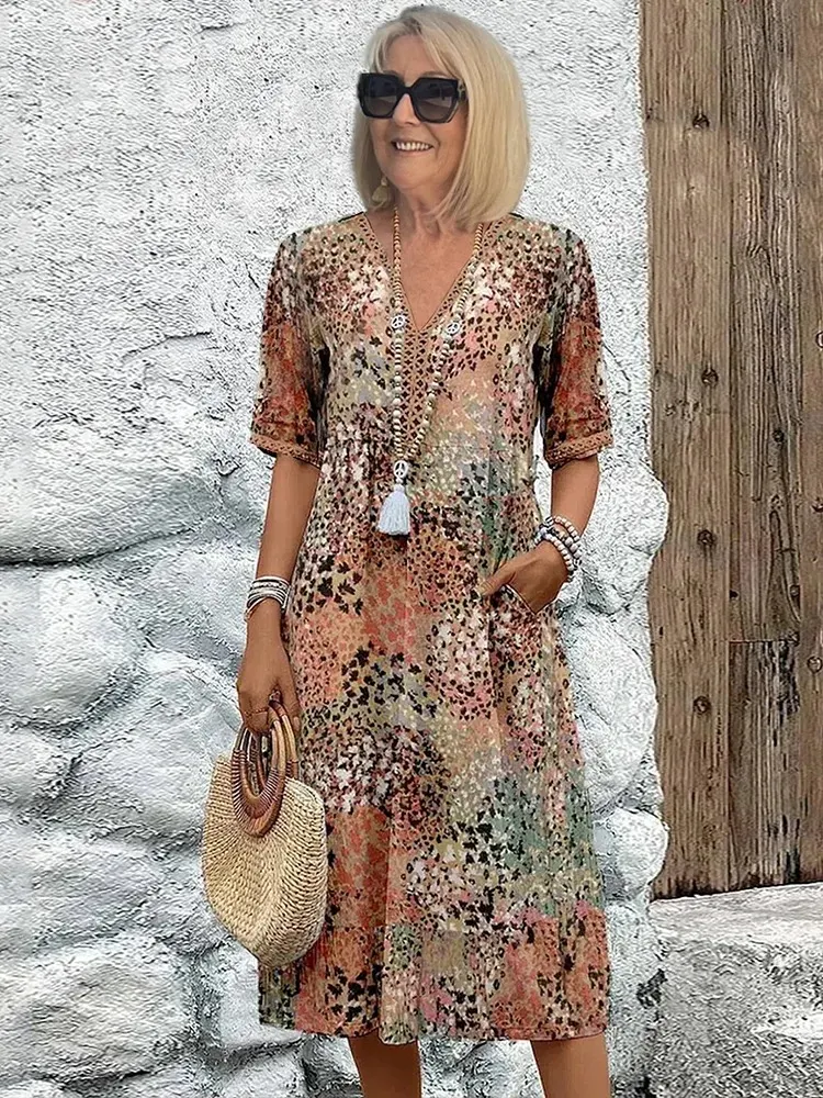 Vacation DRESS Women's Short Sleeve Summer Leopard Lace Dress V Neck Daily Going Out Casual Knee Length A-Line Khaki