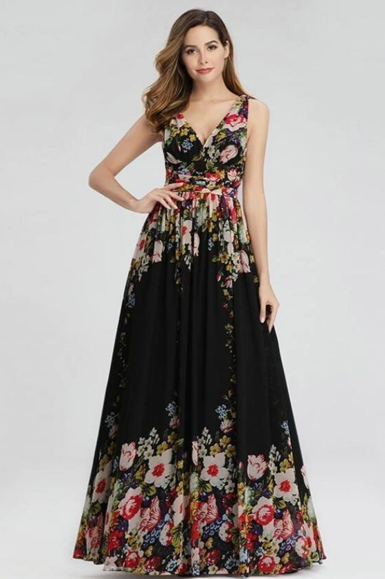 Elegant Print V-Neck Long Prom Dress Sleeveless Evening Gowns - lulusllly