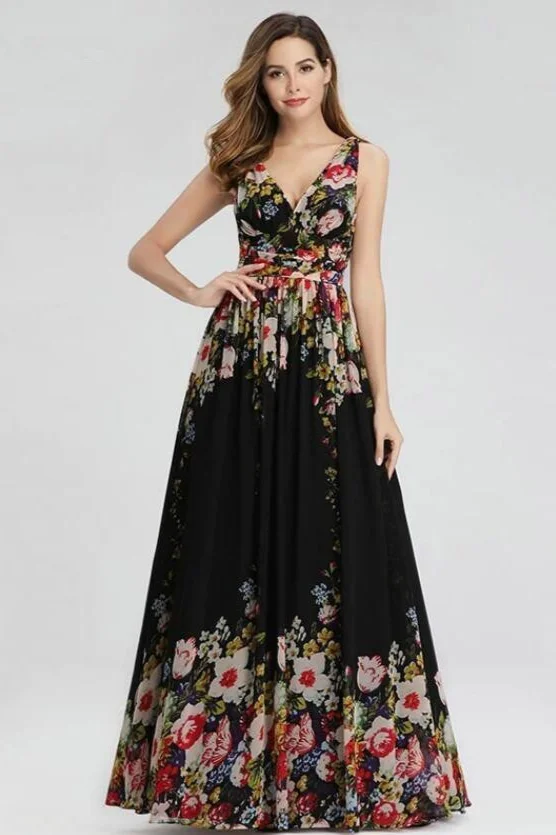 print flowers v-neck sleeveless long prom dress