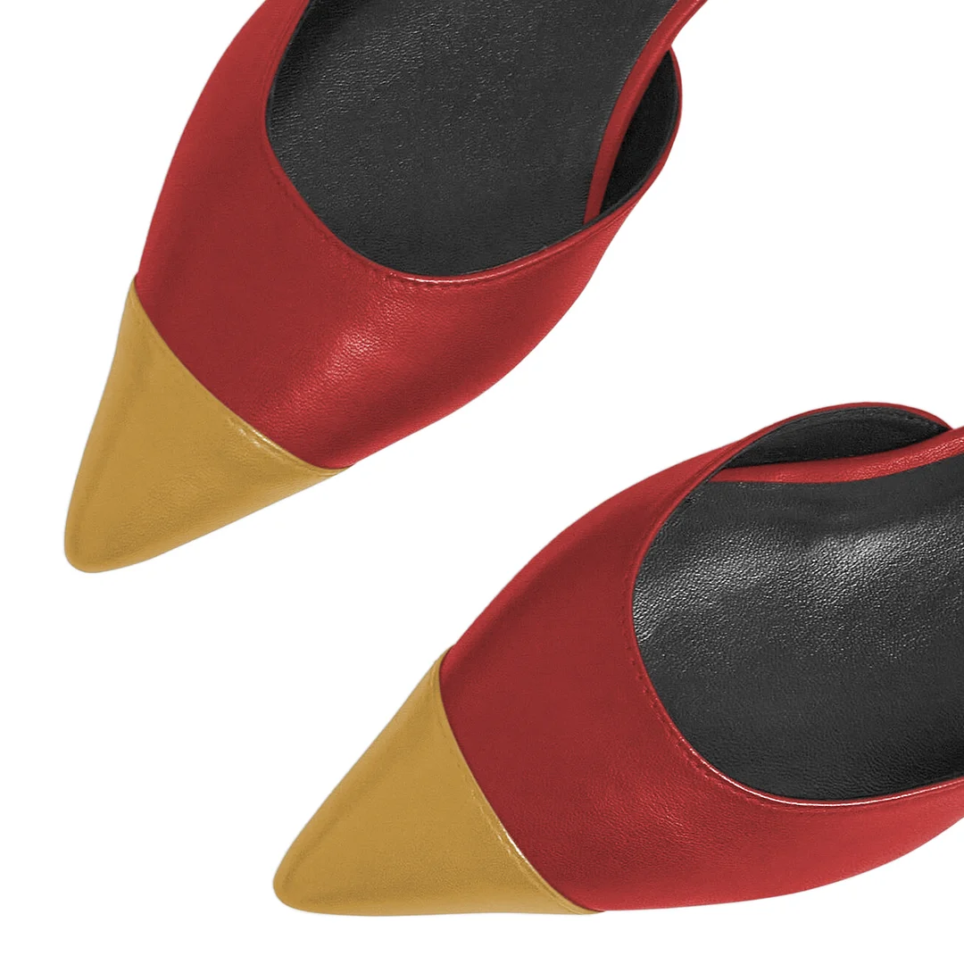 Red Vegan Leather Yellow Pointed Toe Buckle Strap Flat Pumps