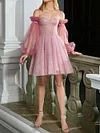 Shiny Off-The-Shoulder Long Sleeve Mesh Fashion Mini Dress