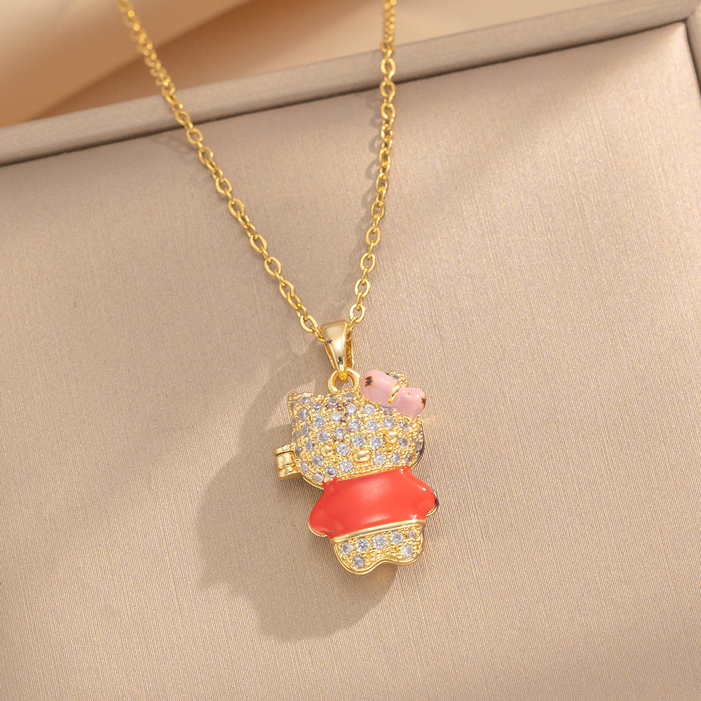 Design Kt Cat Pendant Necklace Micro Inlaid Zircon Copper Plated 18 Gold All-Match Clavicle Chain
