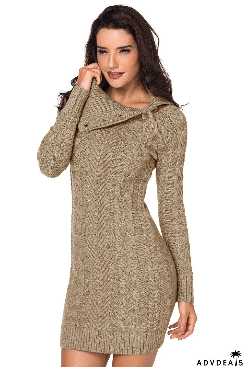 Asymmetric Buttoned Collar Brown Bodycon Sweater Dress
