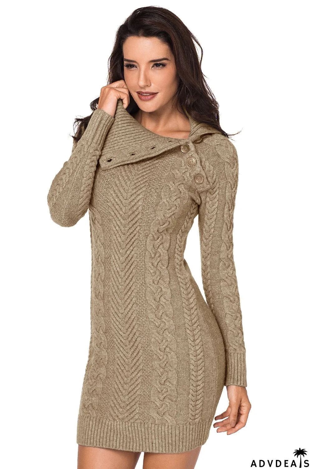 Asymmetric Buttoned Collar Brown Bodycon Sweater Dress