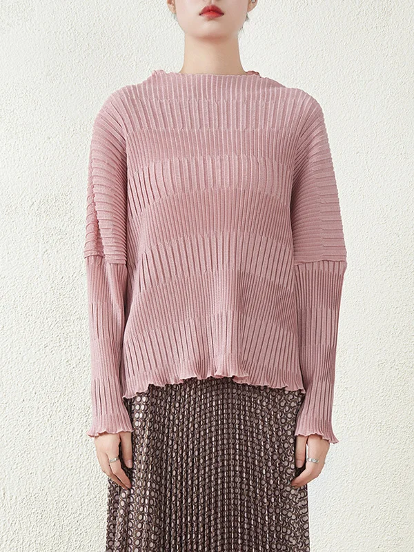 Long Sleeves Roomy Pleated Pure Color Round-Neck T-Shirts Tops