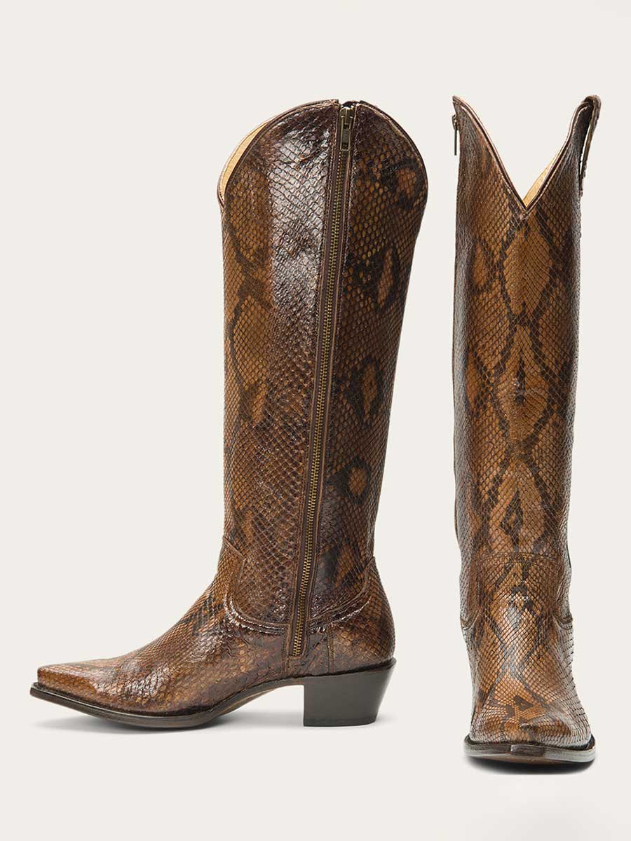 Brown Python Embossed Chunky Heel Snip Toe Over-the-Knee Cowgirl Boots