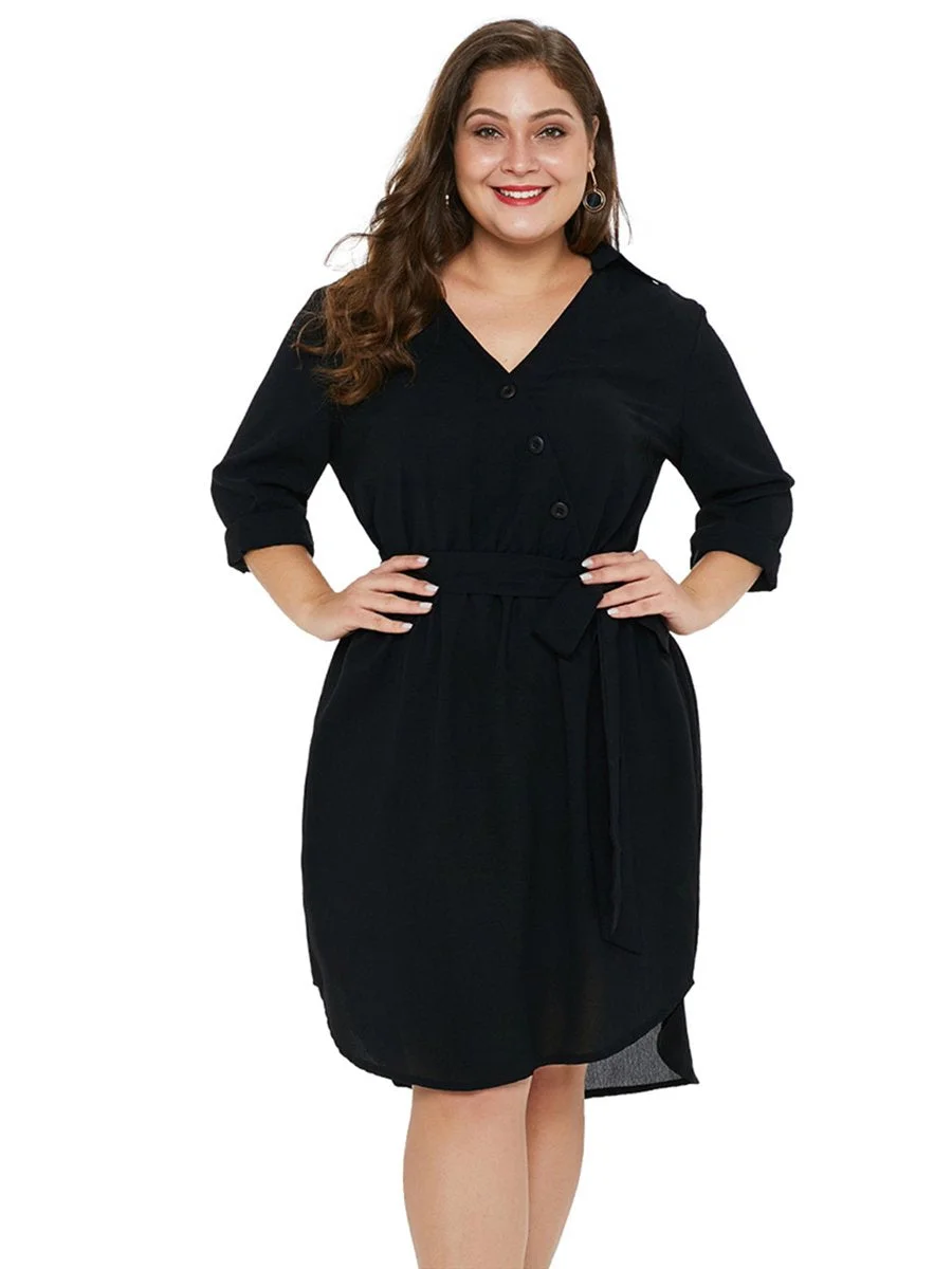 Plus Size Dress V Neck Buttons Design Solid Color Midi Dress