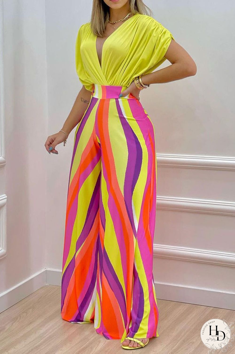 Yellow Sexy Print Split Joint Fold V Neck Short Sleeve Two Pieces