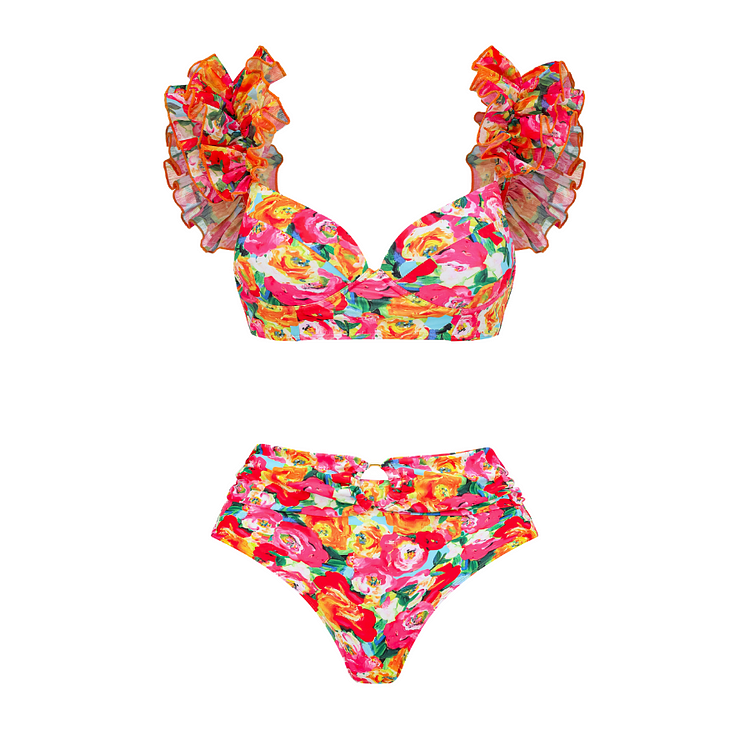 Double Layer Ruffled Shoulder Straps Flower Print Bikini Swimsuit and Sarong Vioye