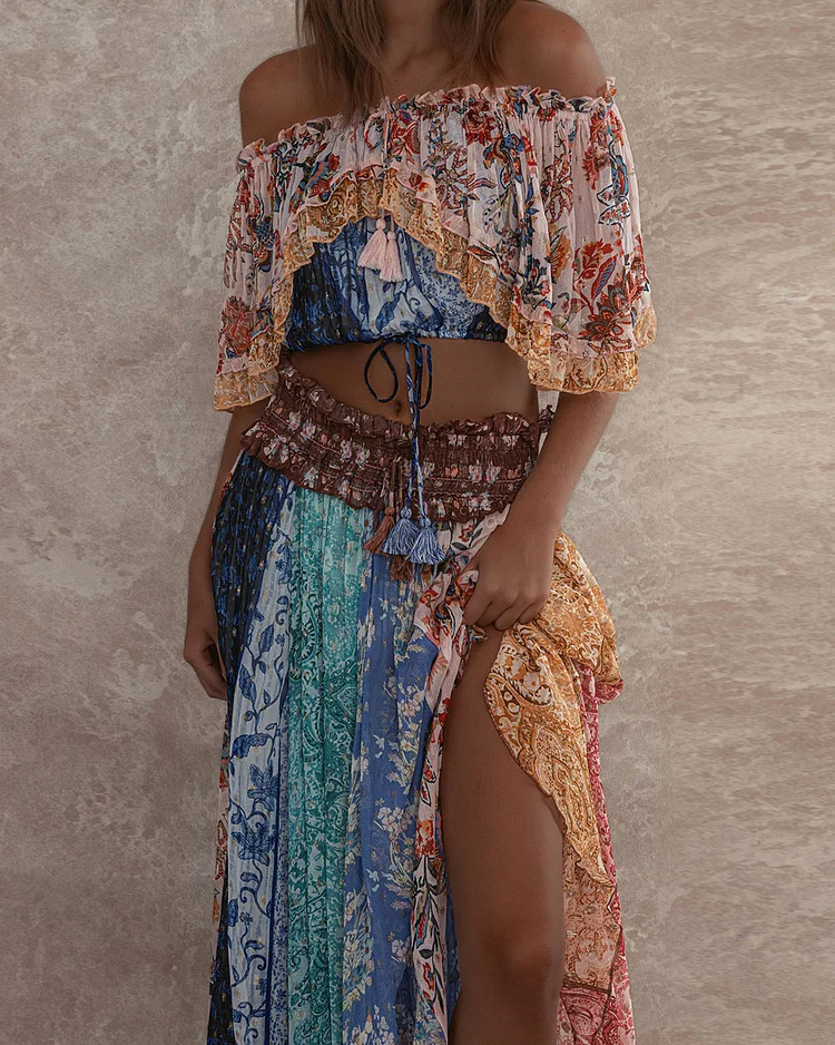 Romantic Love Street Floral Print Ruffle Top and Skirt Two-Piece Set