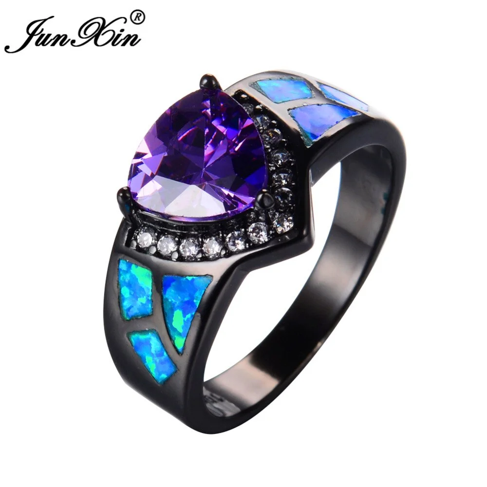 JUNXIN Female Girl Purple Ring Triangle Design Blue Fire Opal Ring Black Gold Filled Promise Engagement Rings For Women