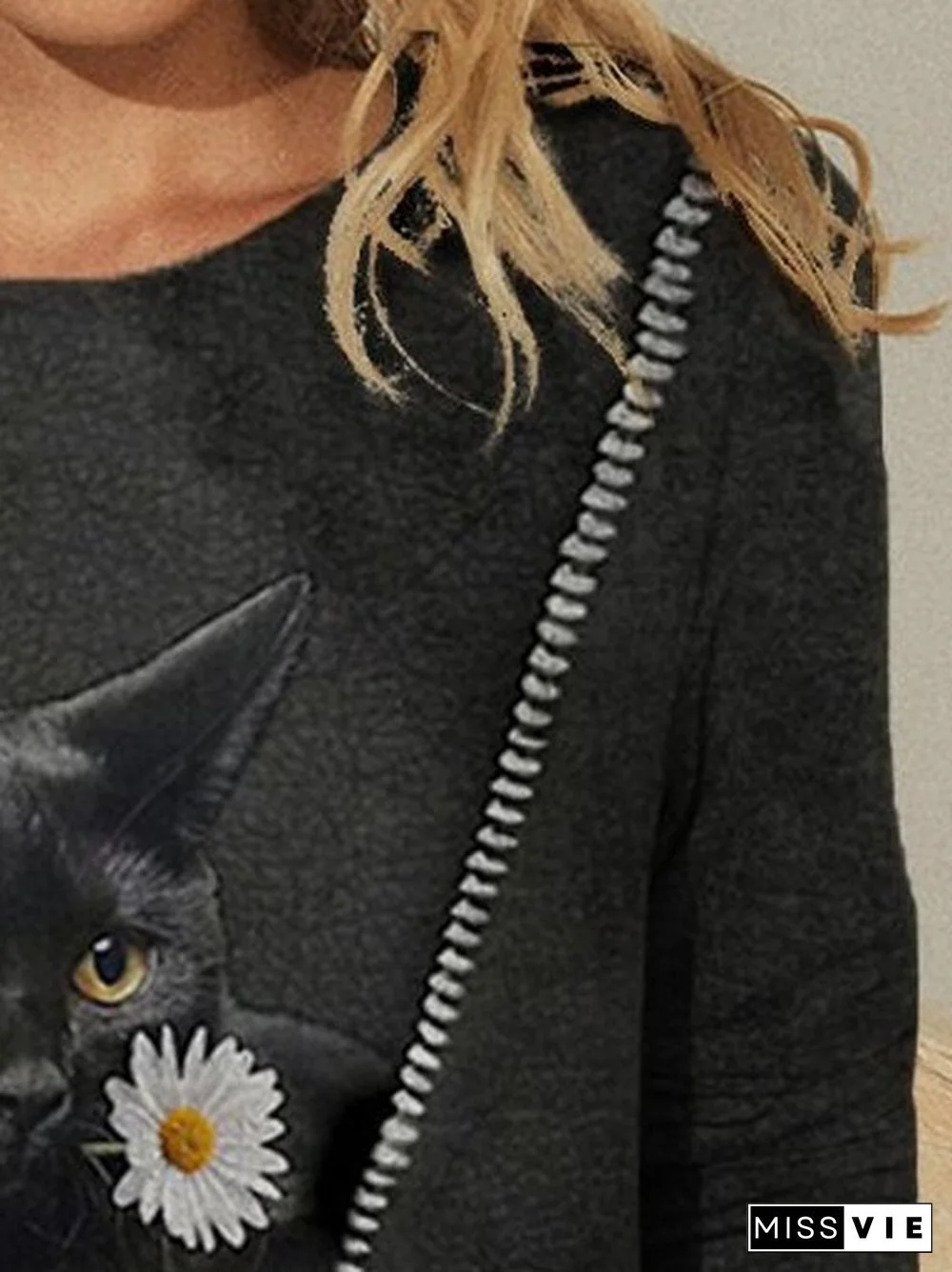 Cat Flower Print O-neck Long Sleeve Casual T-shirt