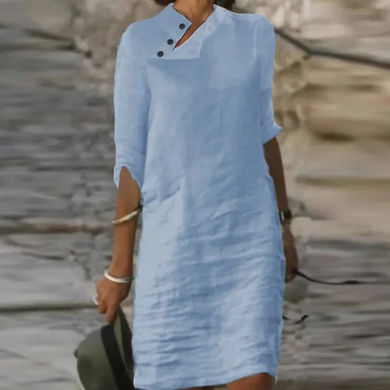 Zingj Solid Pullover Dresses Spring Cotton Linen Loose Medium Length Dress Retro Button Stand Collar Half Sleeve Commuter Dress