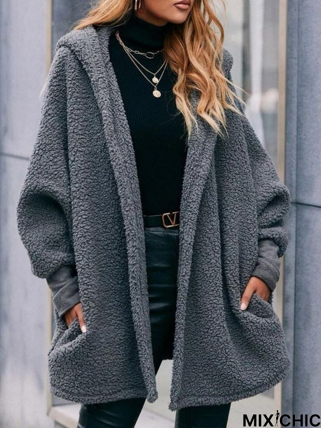 Plain Long Sleeve Hoodie Pockets Casual Plush Coat