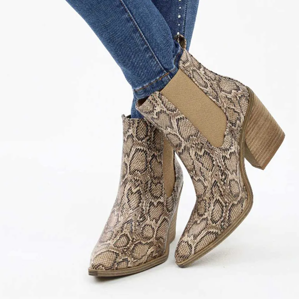 Brown Pointed Toe Chunky Heel Snakeskin Print Boots for Women
