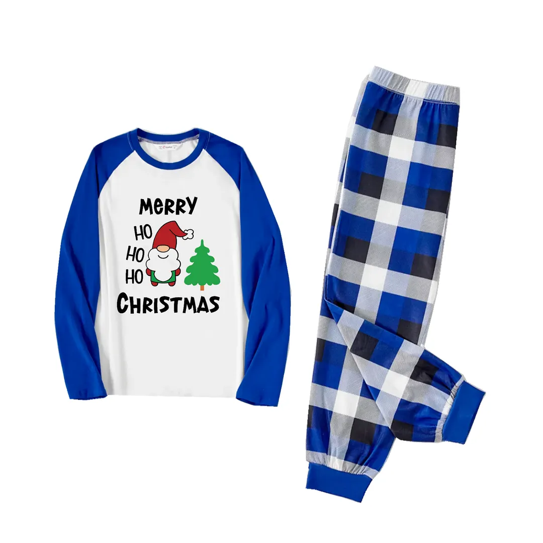 "HO HO HO Merry Christmas" 2024 Blue & White Long Sleeve Top with Blue & Black & White Plaid Family Matching Pajamas