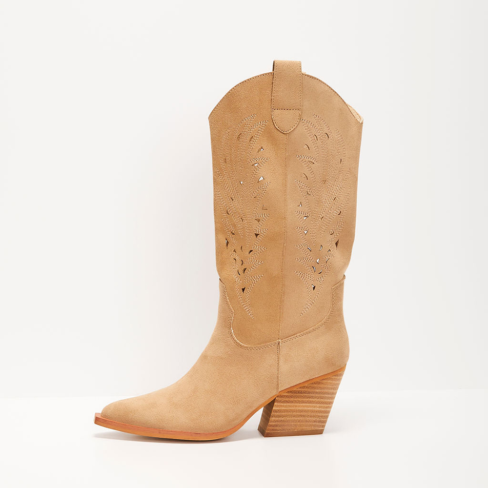 Tan Faux Suede Pointed Toe Chunky Heel Mid Calf Cowgirl Boots Nicepairs