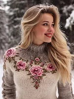 Vintage Rose Knit Embroidered Art Women's High-neck Icelandic Sweater