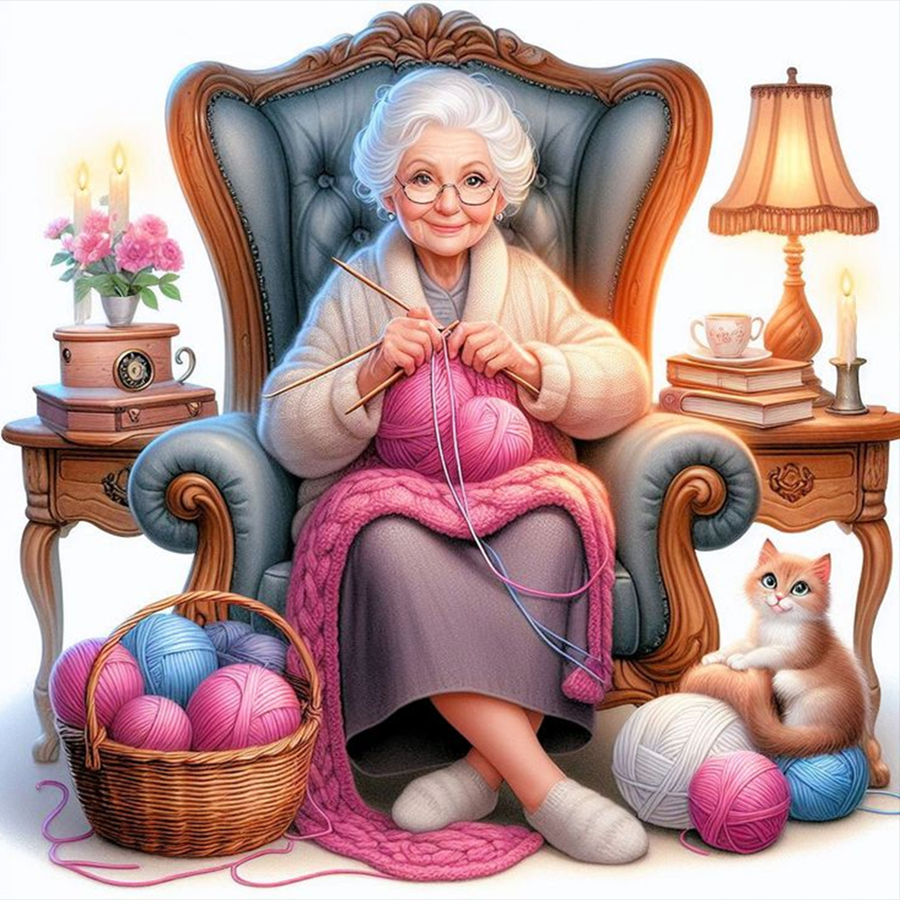 Old Lady Knitting Yarn 40*40cm(canvas) full round drill diamond painting