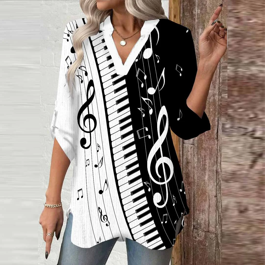 Women Music Symbols, Black, White DZGA0704 3/4 Sleeve V-neck Printed Graphic Button Tops