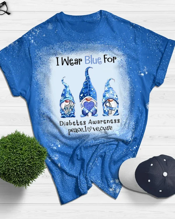 I Wear Blue For Diabetes Awareness Gnomes Graphic Bleached T-Shirt