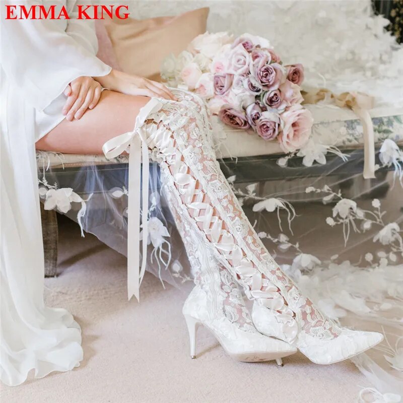 VCSHOES White Black Lace Over The Knee Boots Gothic Thigh High Boots High Heels Long Bridal Boots Pointed White Wedding Boots