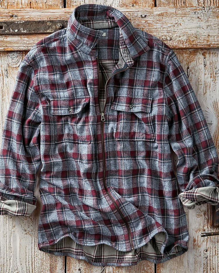 Casual retro check zipper shirt
