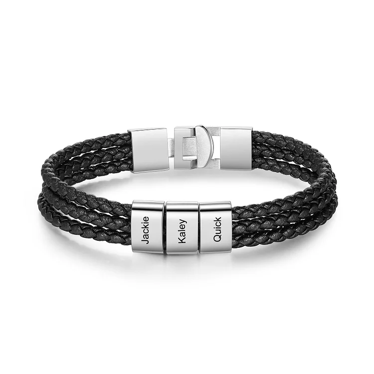 Men Leather Bracelet with 3 Beads Engraved 3 Names Three Layers for Him