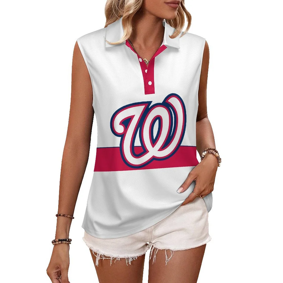 V-neck Sleeveless Casual POLO Shirt Tank Top for Women Printed with Pattern , Blue, Red