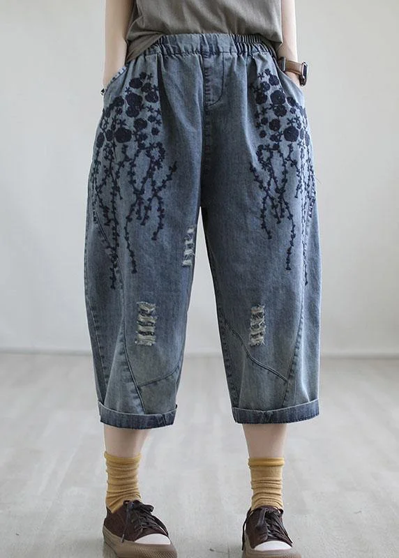 Boho Blue Embroideried Summer Denim Pants