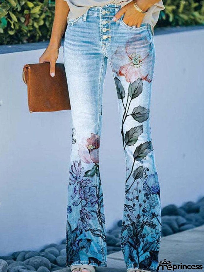 Jeans Printed Single-Breasted Pocket Casual Jeans for Women