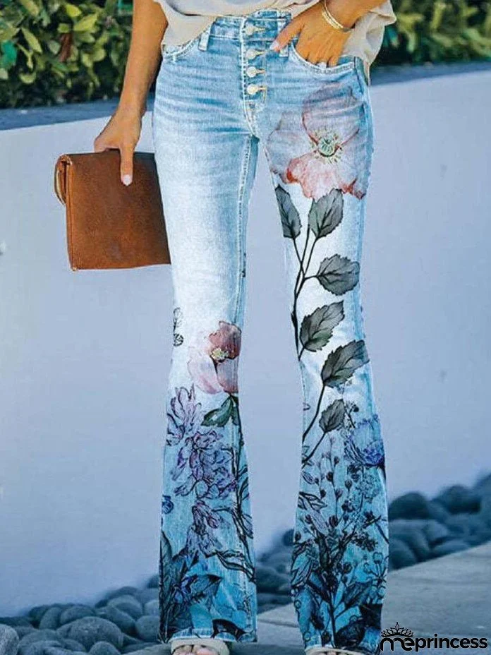 Jeans Printed Single-Breasted Pocket Casual Jeans for Women
