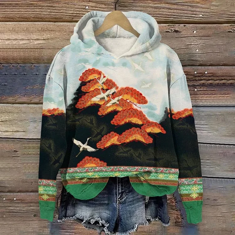 Colorblock Pine Tree Crane Art Print Casual Long Sleeve Hoodie