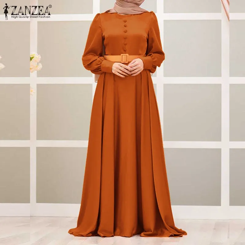ZANZEA Women Long Sleeve Satin Maxi Dress Jilbab Islamic Clothing Caftan Marocain Eid Mubarek Dubai Turkey Abaya Hijab Dress