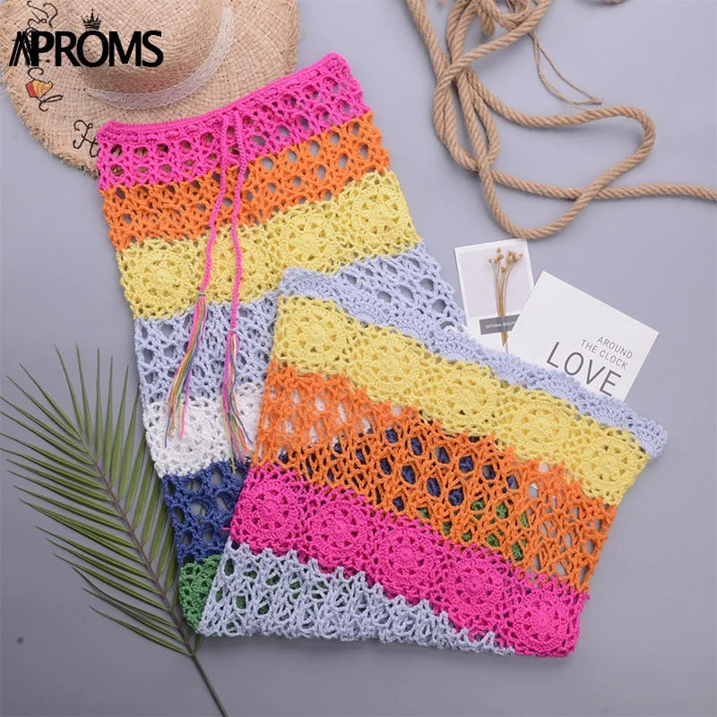 Aproms Colorful Handmade Crochet Long Maxi Skirts Women 2022 Summer Drawstring High Waist Hollow Out Beach Bikini Coverup Bottom