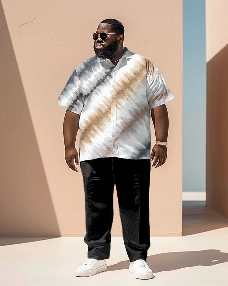 Men's Plus Size Business Simple Contrast Color Stripe Tie Dye Print Short Sleeve Shirt Suit