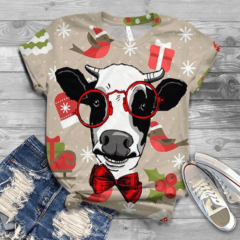 Cows Christmas Print Casual Trend T-Shirt
