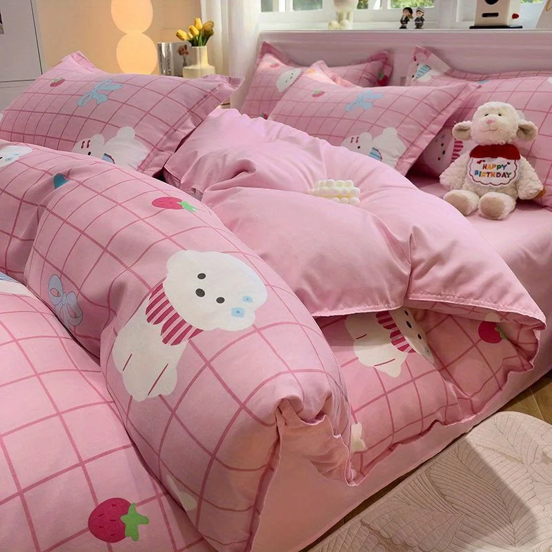 Aonga Kawaii Bedding Set for Kids Ins Twin Queen Size Duvet Cover Flat Sheet Pillowcase No Filler Girls Boys Home Totel Bed Linens aonga