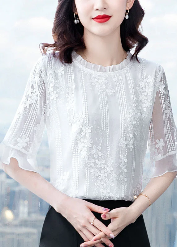 Beautiful White Ruffled Embroideried Patchwork Chiffon Blouse Tops Summer