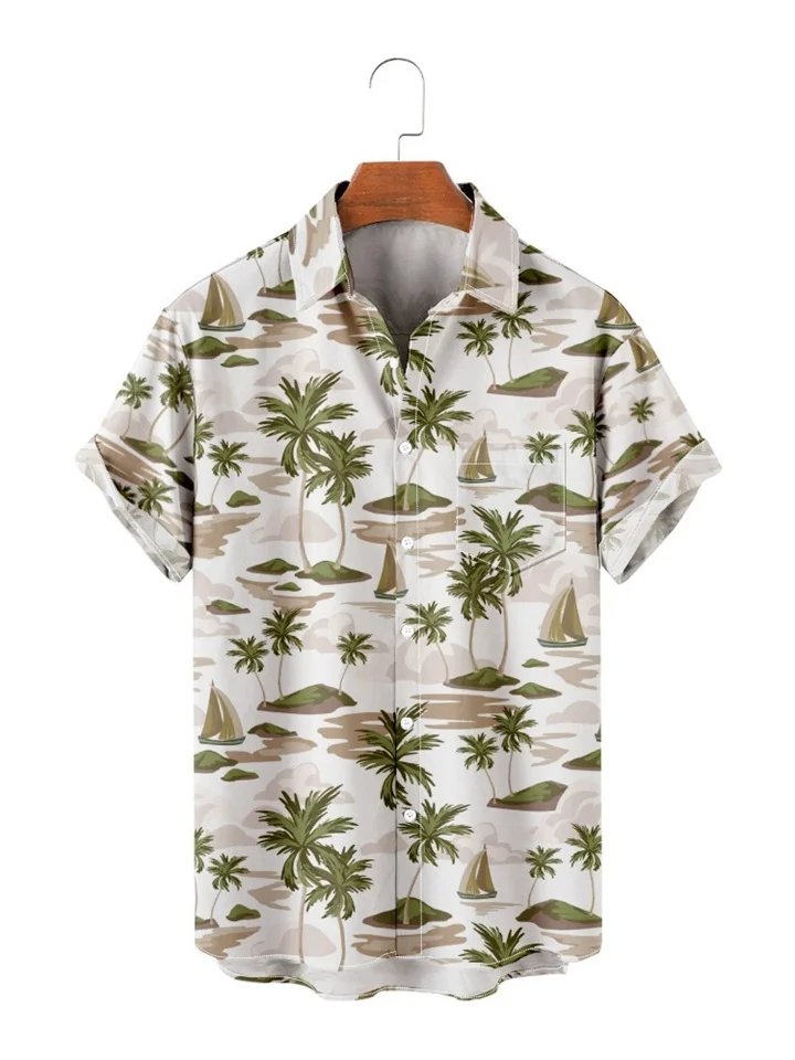 Men's summer short-sleeved shirt casual beach green coconut tree vacation men's shirt S-4XL