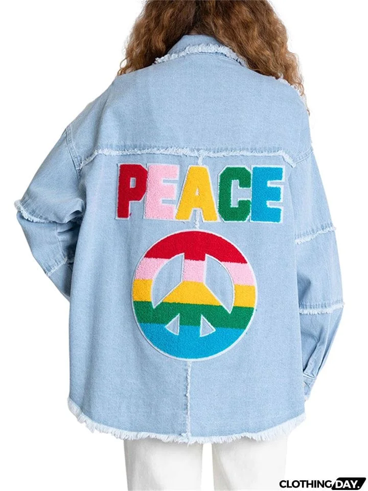 Women's Super Cool Peace Raw Edge Lapel Button Denim Coat