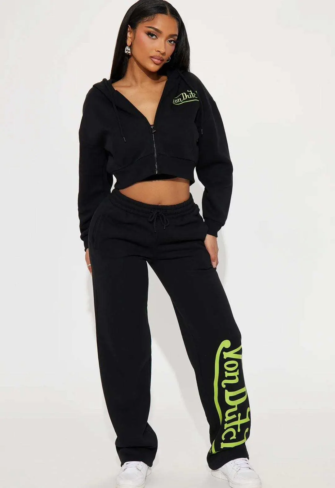 Women's Print Cropped Zip Hoodie & Wide Leg Sweatpants Two-piece Tracksuit