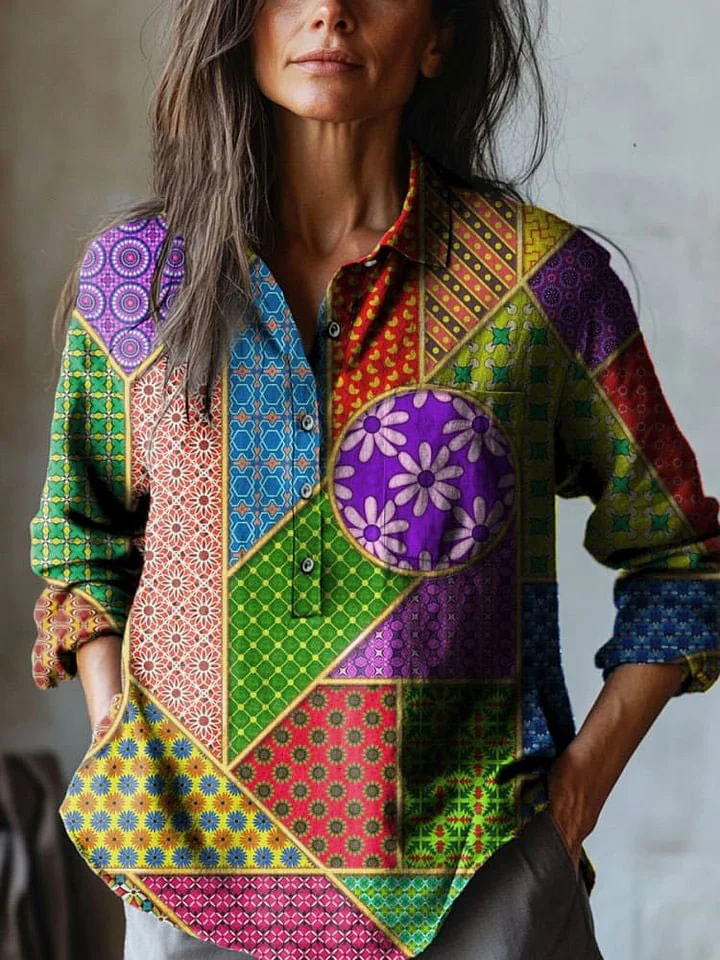 Women's Abstract Color Block Pattern Art Print Casual Cotton And Linen Shirt