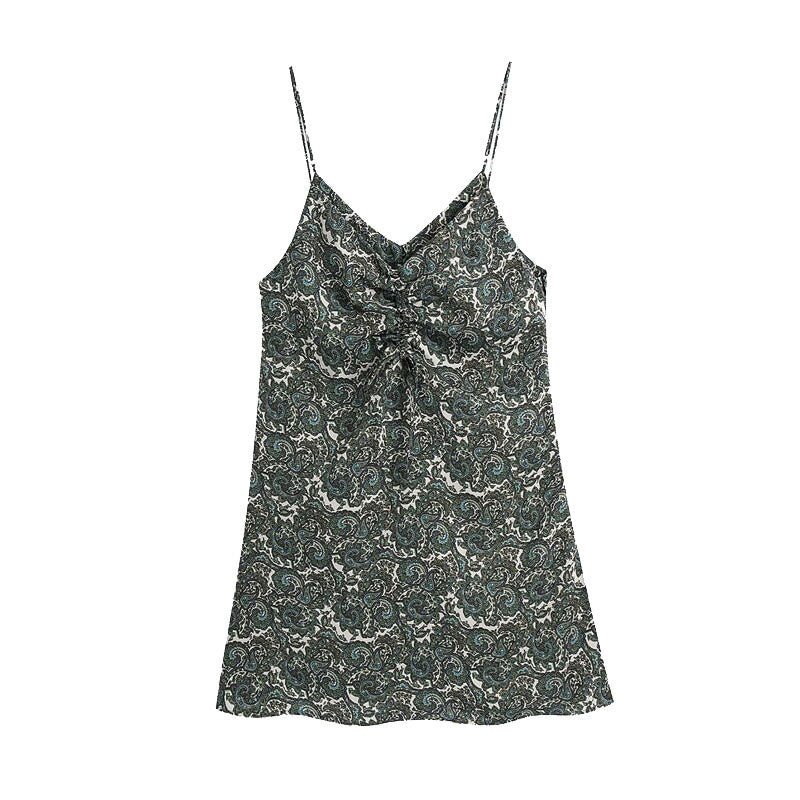 TRAF Women Chic Fashion With Drawstring Paisley Print Mini Dress Vintage Backless Thin Straps Female Dresses Vestidos
